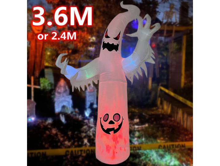 Gonflage d'halloween 2.4M/3.6M, flamme intégrée, lumière LED fantôme blanc pour la maison, décorations d'halloween, jouets gonflables d'extérieur et d'intérieur