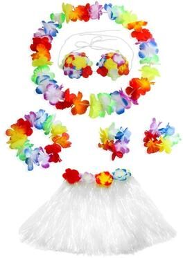 Uplift Picks Colorful Kids Hawaiian Luau Costume Set With Grass Skirt Party Accessories white (6 Pcs)