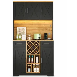 Merax LED Buffetschrank, Küchenschrank 105 x 40 x 180 cm, Hochschrank mit Steckdose, Weinschrank mit Weinregal, 2 Schubladen und Stauraum, Schwarz