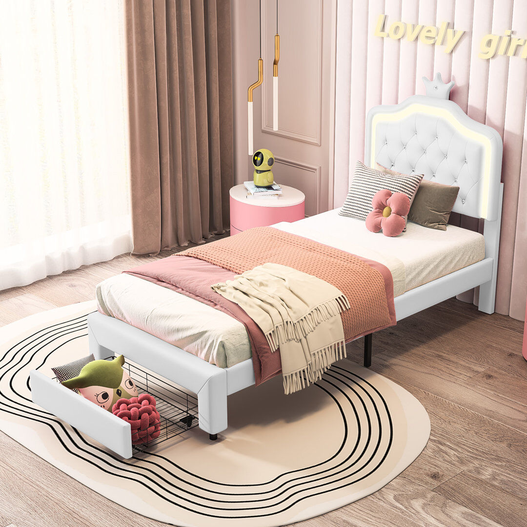 Harriet Bee Upholstered Faux Leather Drawers Bed White European Single (90 x 200 cm)