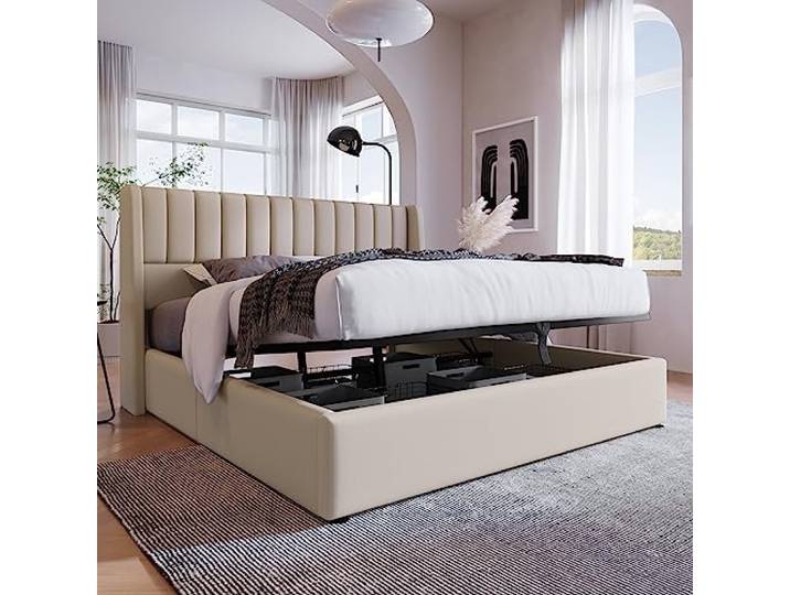 Merax Polsterbett 140 x 200cm, Hydraulisch Doppelbett mit Lattenrost & Bettkasten, Stauraumbett mit Kopfteil, Metallrahmen, Leinen, für Erwachsene & Jugendliche, ohne Matratze, Beige-Streifen