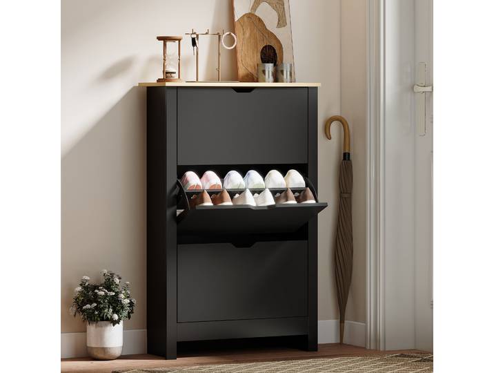 HOMCOM Armoire à Chaussures 3 Portes Noir Chêne 2 Compartiments