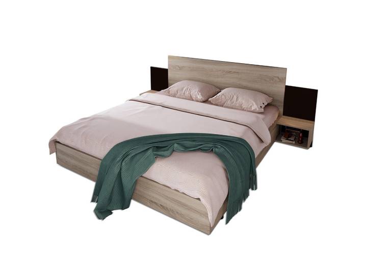 Okwish Doppelbett 160/200 cm Sonoma-Eiche Dunkelgrau mit 2 Nachtkommoden, Holz, 160x200 cm, Schlafzimmer, Betten, Polsterbetten