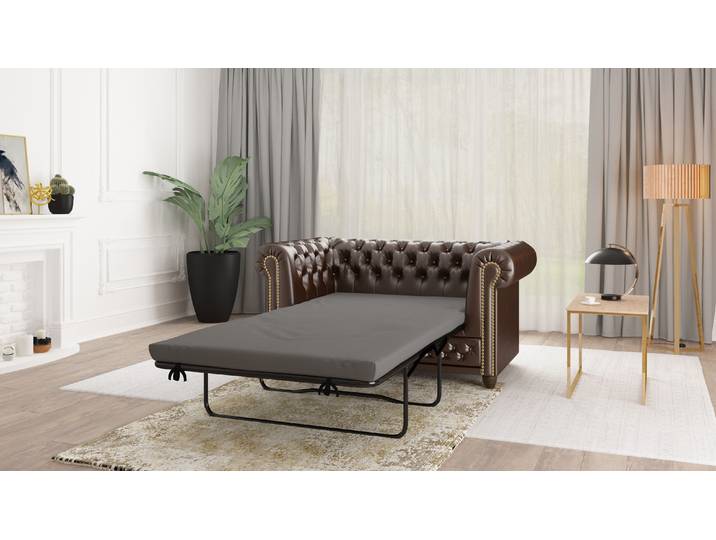 S-STYLE MÖBEL - Chesterfield Sofa 2 sitzer mit Schlaffunktion aus Braun veganem Leder mit Holzfüßen - Area - B/T/H: 148 cm/86cm/72cm
