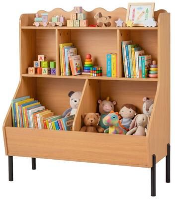 Costway Kids Toy Storage Organizer Wooden Montessori Bookshelf with 5 Storage Cubes-Natural