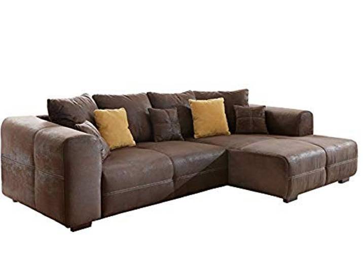 Cavadore Ecksofa Mavericco / Polster Eck-Couch mit Kissen in Antik-Leder-Optik und Holzfüßen / Longchair rechts / 285 x 69 x 170 / Mikrofaser Braun