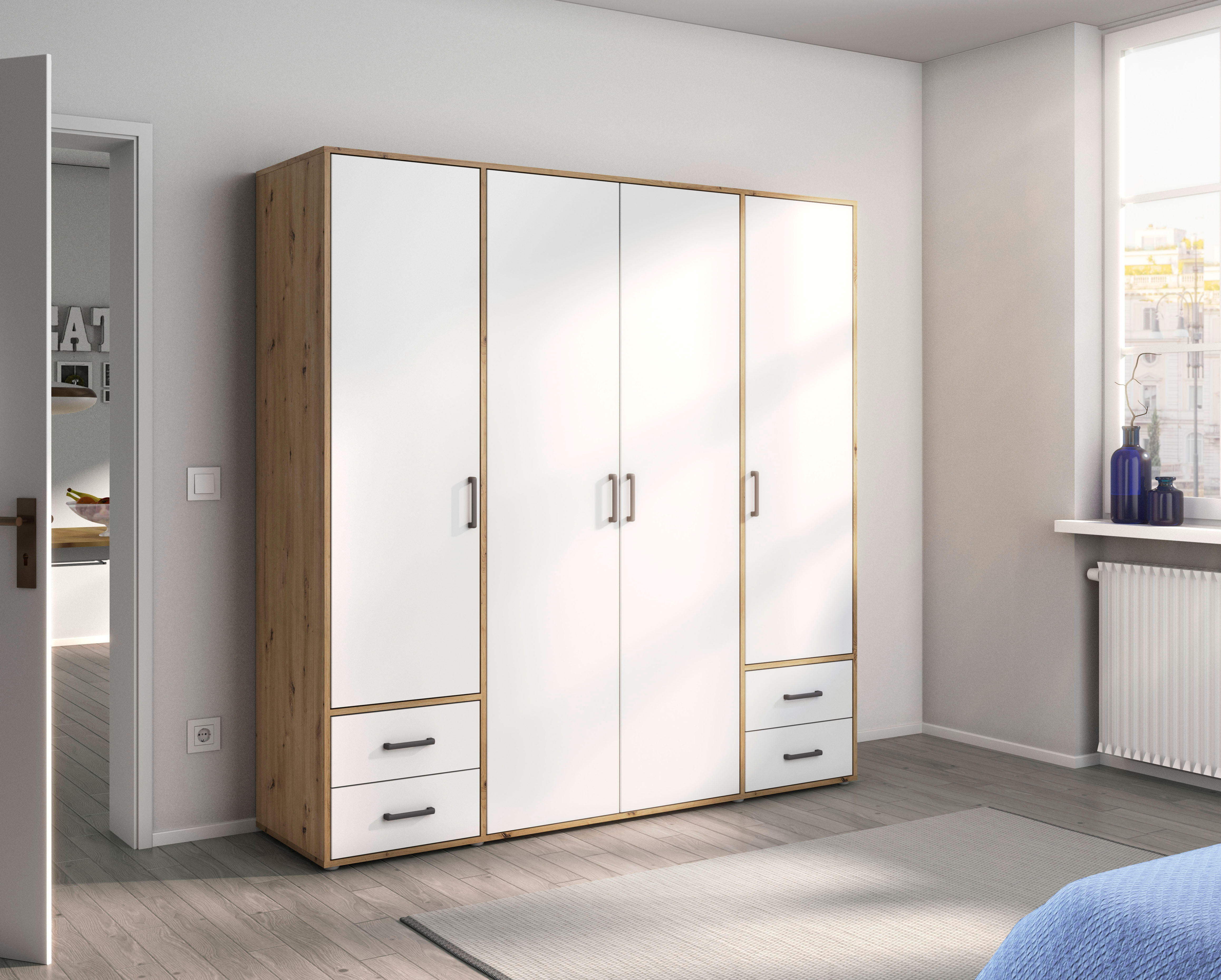 Drehtürenschrank RAUCH "Kleiderschrank Schrank Garderobe Wäscheschrank VOYAGER", weiss (eiche artisan, alpinweiß, griffe graumetallic), B:187cm H:194cm T:53cm, Holzwerkstoff, Schränke, Drehtürenschrank, mit 2 modernen Griffvarianten, mit Aussenschubladen 