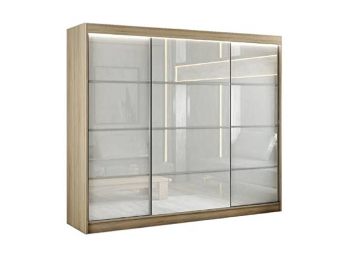 Margaret Hadas24 Kleiderschrank Porto III 250cm, mit Spiegel, Mehrzweckschrank, Schwebetürenschrank, Garderobenschrank, Kleiderstange, Kleiderständer, Flurschrank,3-türig, braun, lacobel weiß, Sprosse