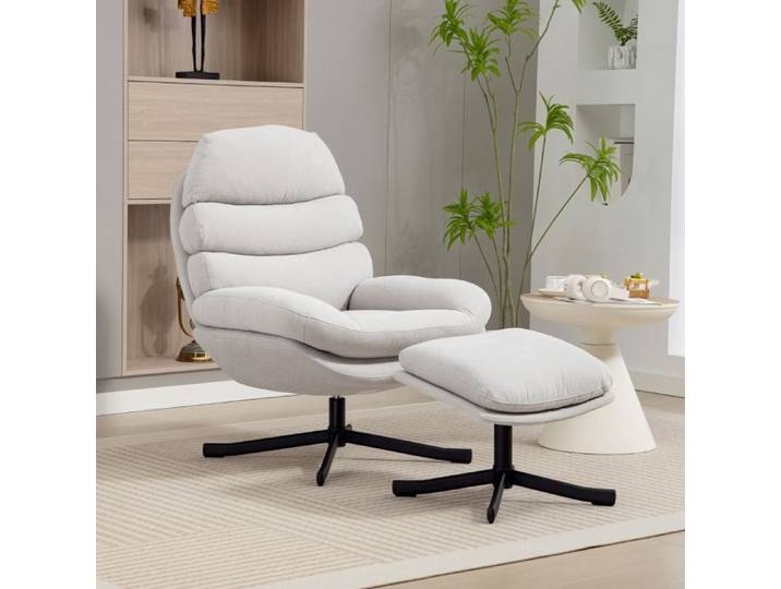 Fauteuil relax - ZEVKOR - pivotant 360° - avec ottomane - polyester crème - charge 120 kg