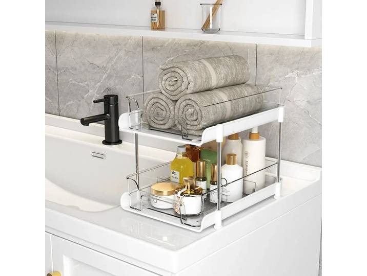 Support de rangement à Double couche sous évier de cuisine, salle de bains, support de rangement multifonctionnel extractible, gain de place, support de rangement pour articles divers