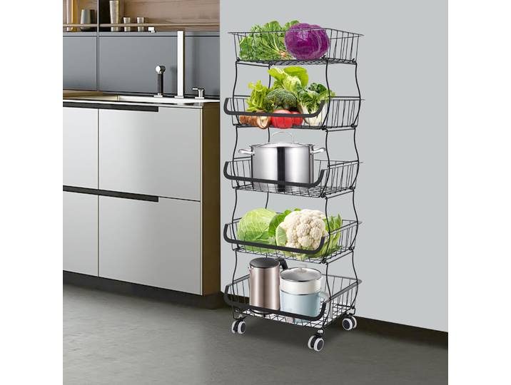 Panier à fruits, panier à fruits empilable à 5 niveaux, stockage de légumes avec 4 roues universelles, chariot de rangement de fruits et légumes pour la cuisine