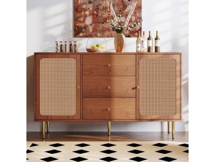 Buffet bas - LEYTN - 150x40x90cm - Bois massif - 2 portes - 3 tiroirs - Vintage