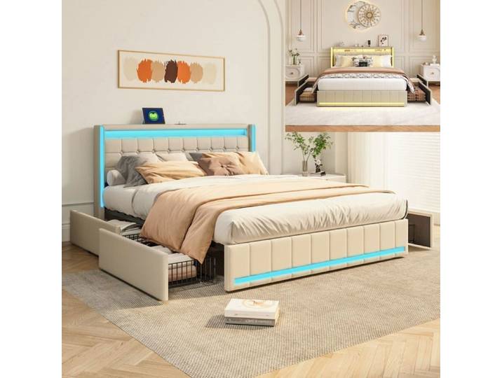 Lit 140x200 cm - LED - USB - tissu en Lin - cadre de lit adulte - lit adulte 140x200 cm - 140x200 cm - Beige