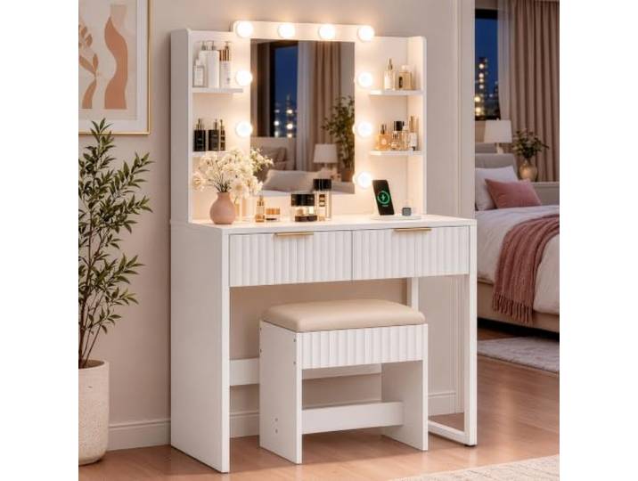 LEADZM Schminktisch mit Beleuchtung, Spiegel, Stuhl, Steckdose (Weiß) 85 x 40 x 135 cm, Massivholzkern, Feuchtigkeitsfest, Langlebig, Formstabil, 10 LED, 2 Schubladen, 4 Fächer, Vanity Table