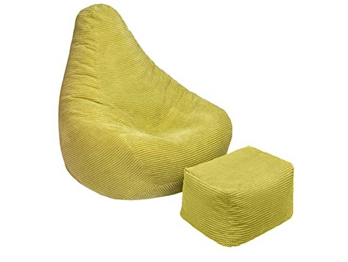 Loft 25 Sitzsack mit Hoher Rückenlehne für Erwachsene Cordstoff, Innenfutter Ergonomisches Design für Körperunterstützung (Kalk, Sitzsack+Hocker)