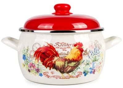 STP Goods MET-ROT 4.3 Qt Golden Rooster Vintage Deep Enamel Casserole w/ Red Lid