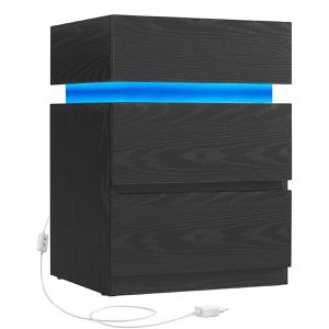 Vasagle Nachttisch LET630T56, schwarz, aus Holz, stehend, 3 Schubladen & LED-Beleuchtung, 35 x 55 x 40 cm