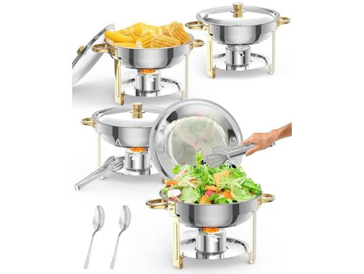 Professionelles Edelstahl Chafing Dish Set – Rund, Buffet- & Speisewärmer mit Deckelhalter, Löffel & Pinzette – Einfach zu montieren & reinigen – Catering, Buffet, Party, Hochzeit, Bankett – Gold,