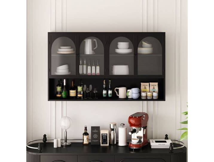 Meuble de rangement 120CM Armoire en verre à quatre portes pendentif Verre gris Pour cuisine Salon Noir (même) Noir