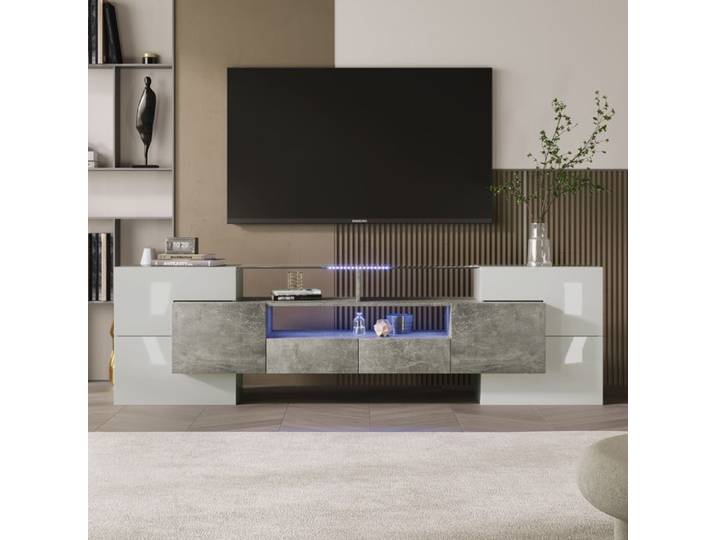 Armoire TV élégante-Meuble TV-200 cm-éclairage LED-Design moderne-Blanc brillant
