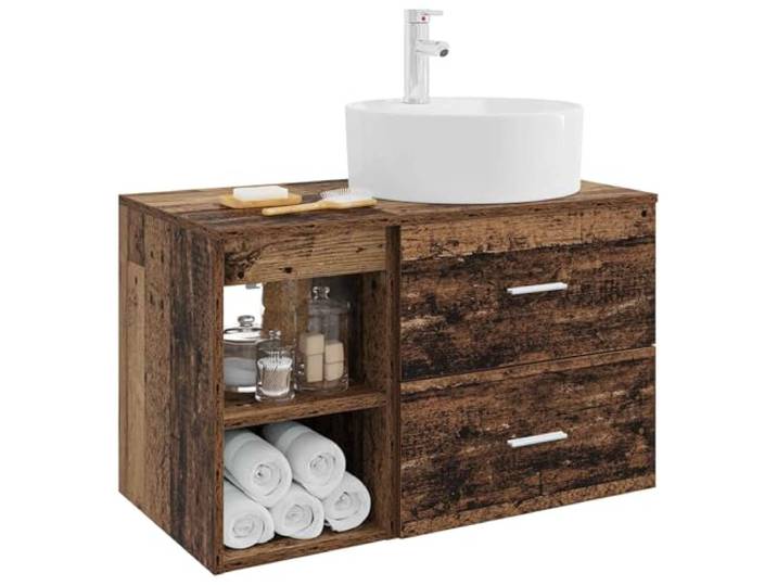KTHLBRH Badezimmermöbel-Set, 2-teilig, antikes Holz Technisches Holz, Wandmontage, mit Waschbecken und Wasserhahn, 1 Einlegeboden, 1 Schublade