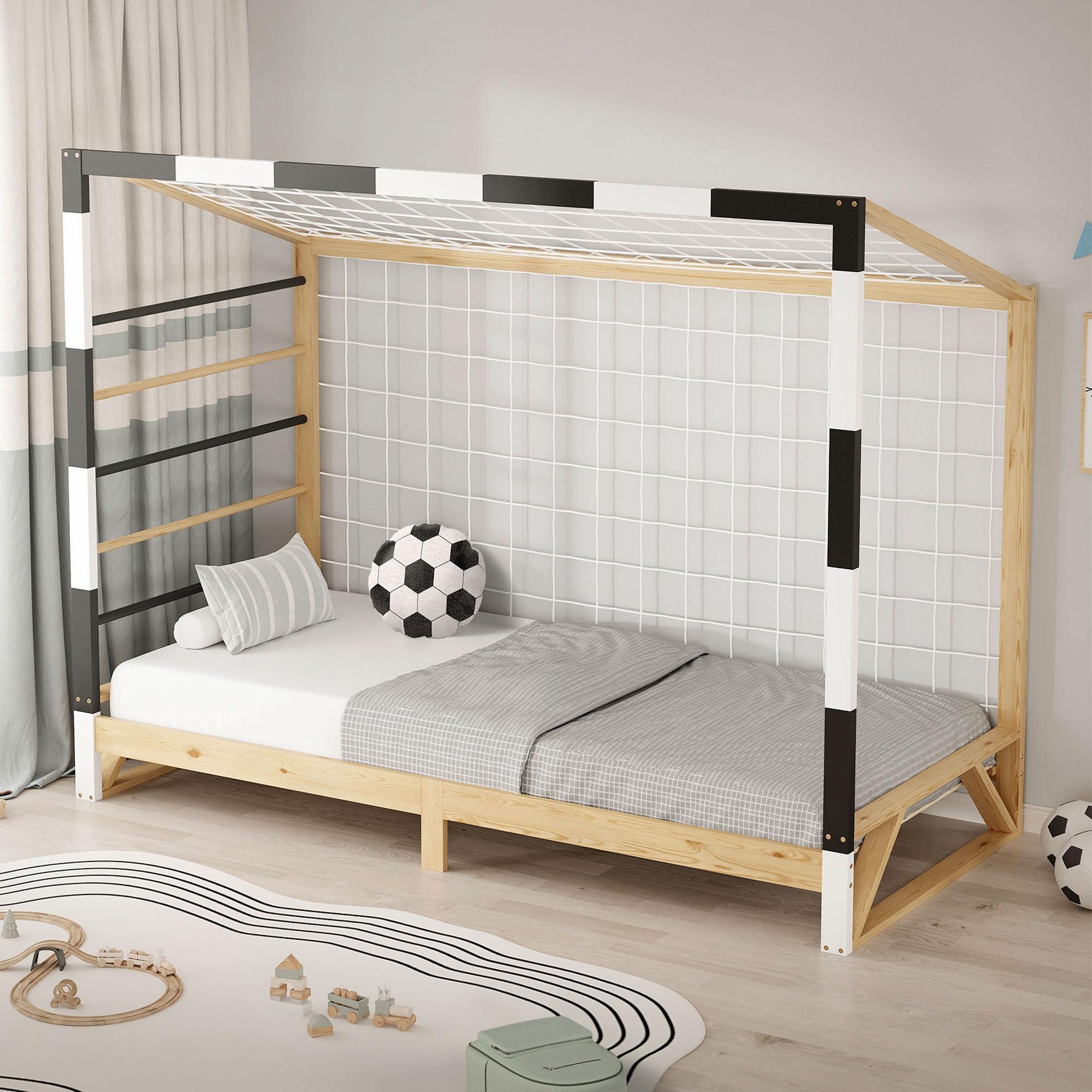 Kinderbett Fußballtor 90x200 cm Massivkiefer mit Lattenrost und Netz