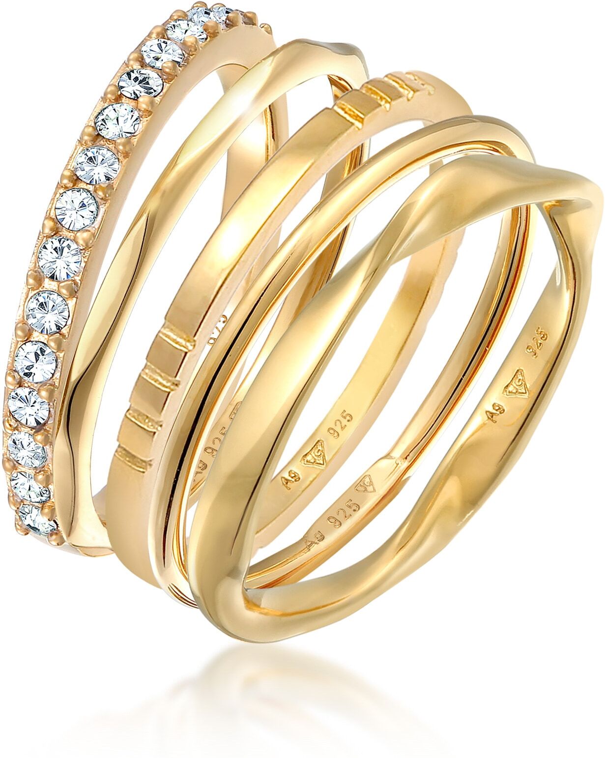 Ring-Set ELLI "Ring Stapelringe Bandringe 5er Set 925 Silber, mit Kristallen von Swarovski" Gr. 54, gold, Fingerringe, Damen, 54, Silber 925 (Sterlingsilber), Ring-Set