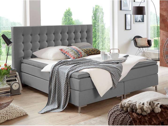 Boxspringbett Anni , grau (dunkelgrau), B:200cm L:213cm, Bezug: Strukturstoff (100% Polyester);Bezug Matratzenspiegel: Jersey (100% Polyester);Bezug Topperspiegel: Jersey (100% Polyester), ATLANTIC HOME COLLECTION, Komplettbetten, Boxspringbett, mit Bonnell-Federkernmatratze und Topper