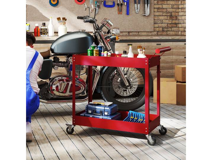 DURHAND Chariot Atelier 2 Niveaux Roulettes Verrouillables Rouge