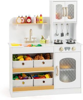 Costway Kids Kitchen Playset with Cooking Accessories and Toy Cuttable Veggies-White