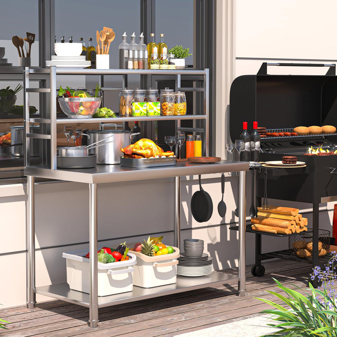 Blue Elephant Stainless Steel Table 121.9 × 61 cm with 2 Adjustable Tier Shelves Silver 138.4cm H X 121.9cm L X 61cm D