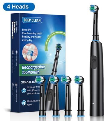 Rare Purchases Electric Toothbrush For Adults Rotating, Electric Toothbrushes With Soft Brush Heads, Electric Toothbrush Rotary black 4 Heads
