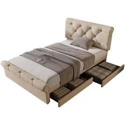 OKWISH Polsterbett 90×200 mit 2 Schubladen, höhenverstellbares Kopfteil, Chesterfield Design, Stauraum, Metall Holz, Natürlich