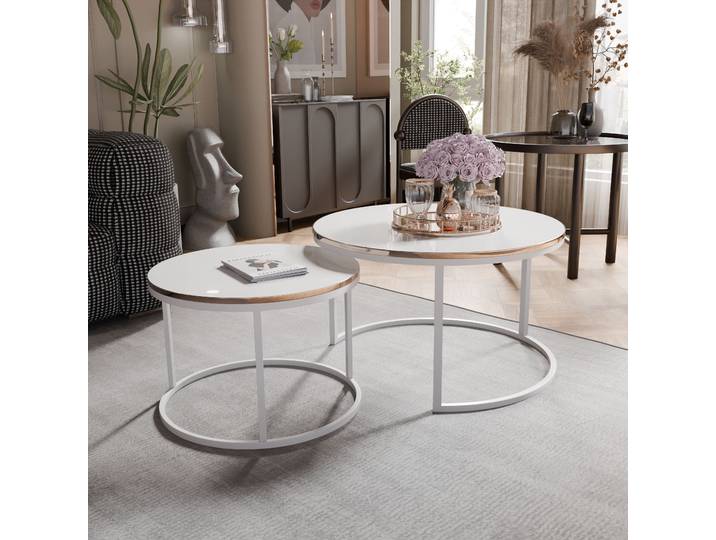 Grekpol Table basse ronde glamour 2en1 Lavo en brillant avec bord doré 2pcs. 80x48 cm+60x42 cm (Ø x H) Table basse Table de salon Empilable Couleur : Blanc / Blanc brillant + Or
