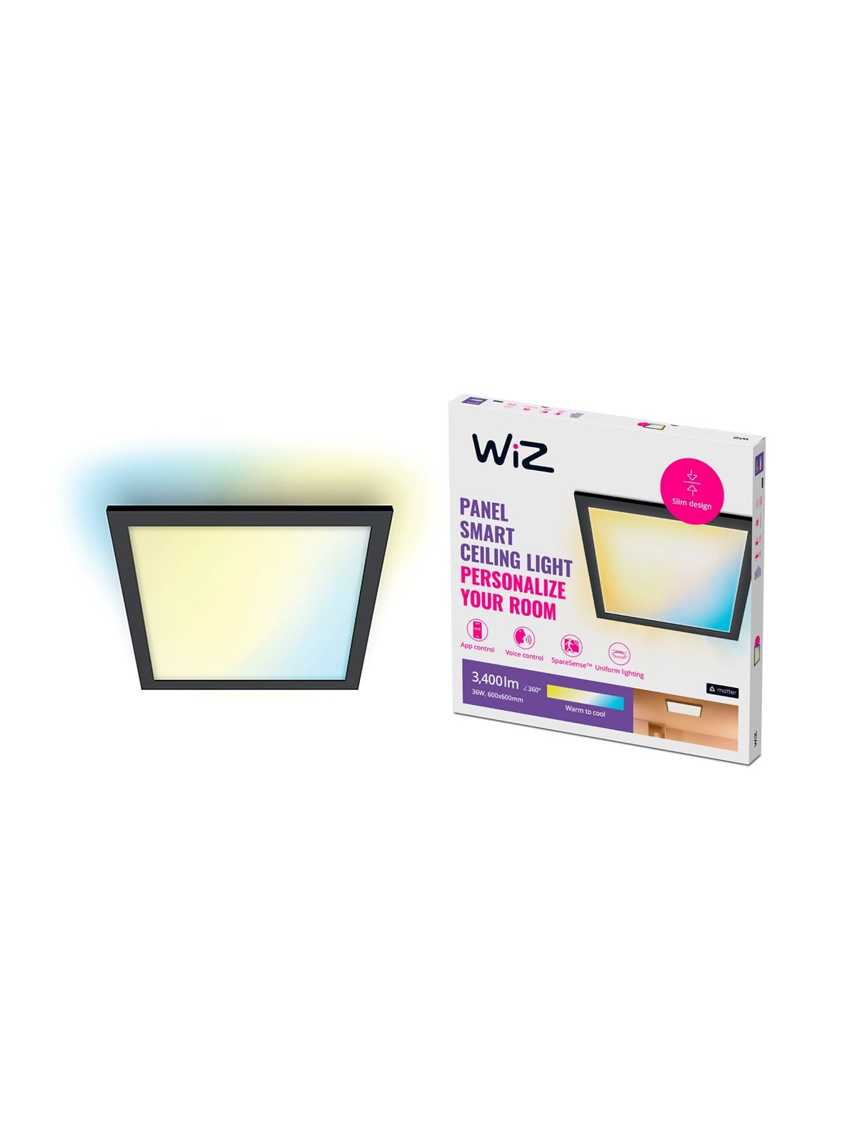 WiZ Smart Square Ceiling Panel Light 36W Tunable White & Dimmable Black