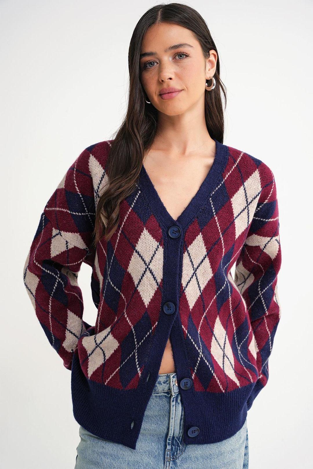 Oversized Argyle V-hals Geknoopte Cardigan