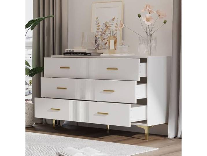 OLIVIBED Kommode Weiss, Sideboard mit 6 Schubladen, Küchenschrank mit Goldene Beine und Griffe, Komodenschrank für Schlafzimmer, Wohnzimmer, Flur, 120x40x76cm, Weiß