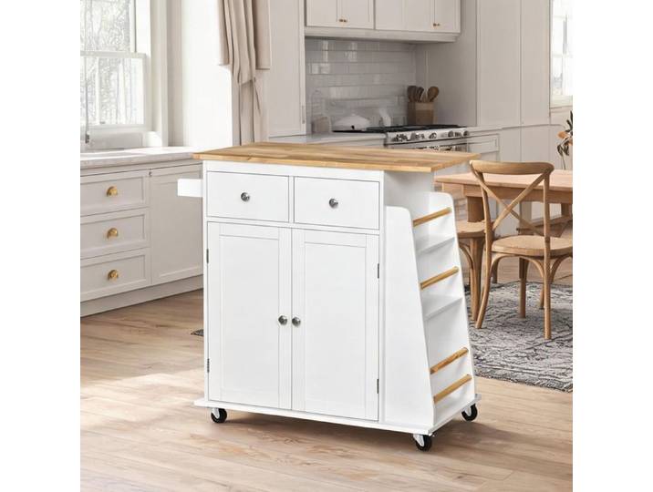 Desserte de cuisine blanche et bois d'hévéa 2 tiroirs placard et range-bouteilles