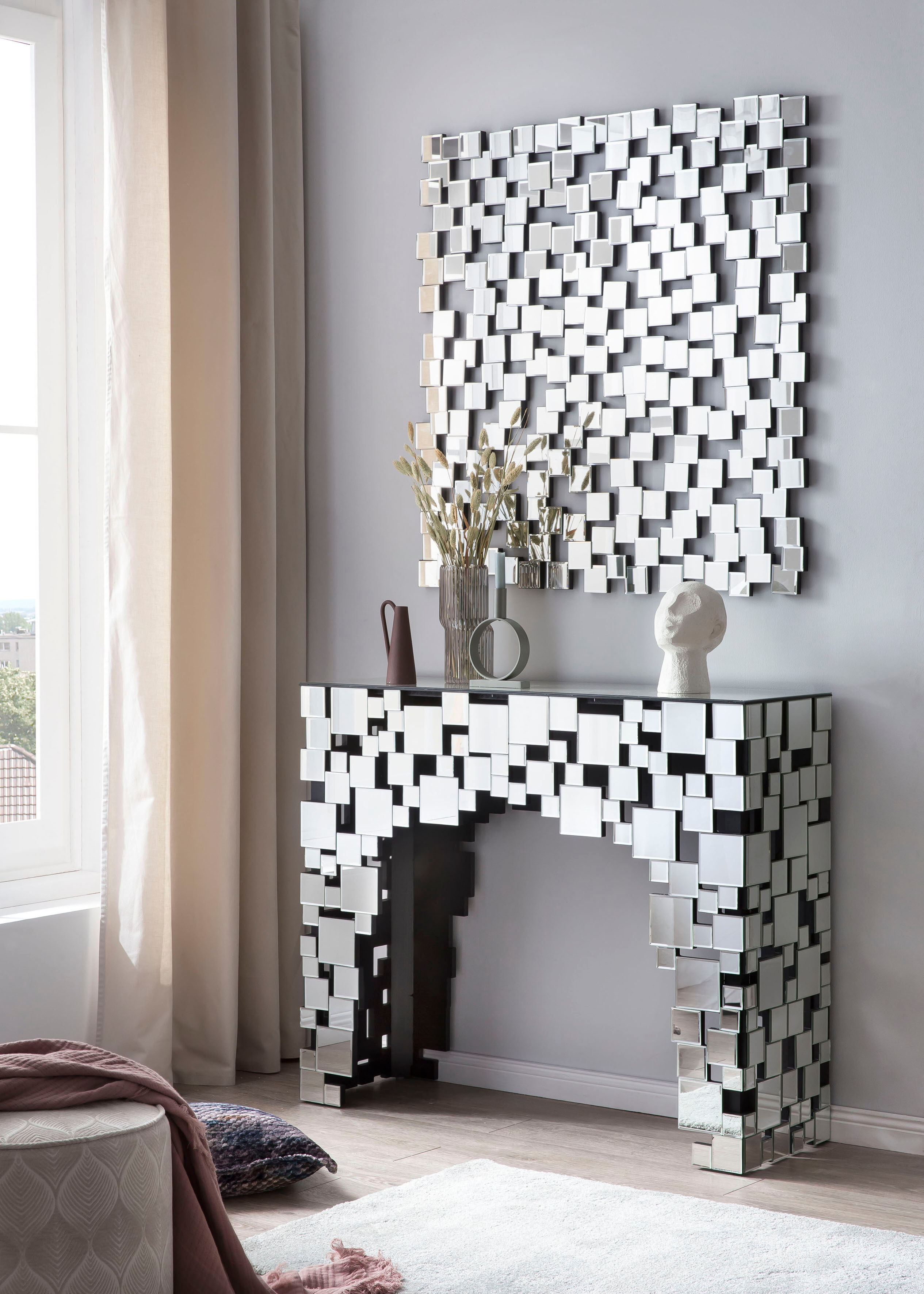 Wandspiegel SALESFEVER "Moneglia Design Spiegel für stilvolle Akzente", silber (silber, verspiegelt), B:102cm H:100cm T:2,5cm, Glas, MDF, Spiegel, Wandspiegel, Spiegelglasquadraten in einzigartigem Mosaikdesign silber, verspiegelt B/H/T: 102cm x 100cm x 2