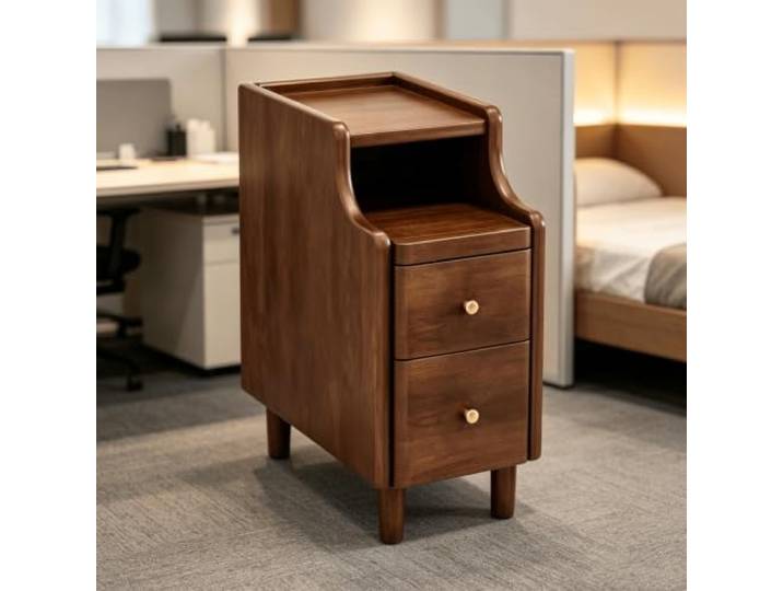 kumamart Nachttisch Massivholz, Schmaler Nachtschrank mit 2 Schubladen Schmaler Nachtschrank mit Tablett-Ablage, abgerundeten Kanten und Massivholzbeinen.(Walnut,11.81in)