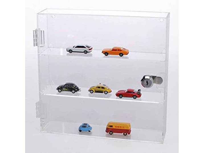 SAFE Acryl-Sammlervitrine 40 x 40 x 11 cm, abschließbar Große transparente Vitrine mit drei Ebenen, Flügeltür und Schloss für Modellautos, H0-Loks und weitere Sammelobjekte