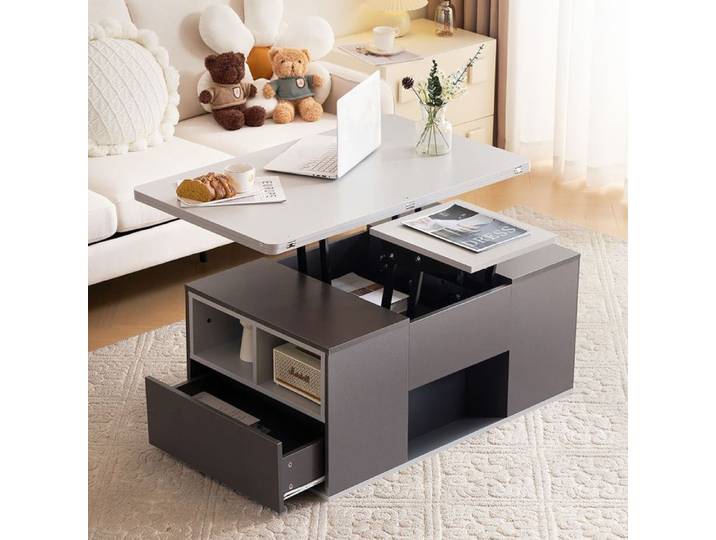 Table basse relevable 100x51x47 cm avec rangement 2 portes 2 tiroirs Panneaux de particules Gris