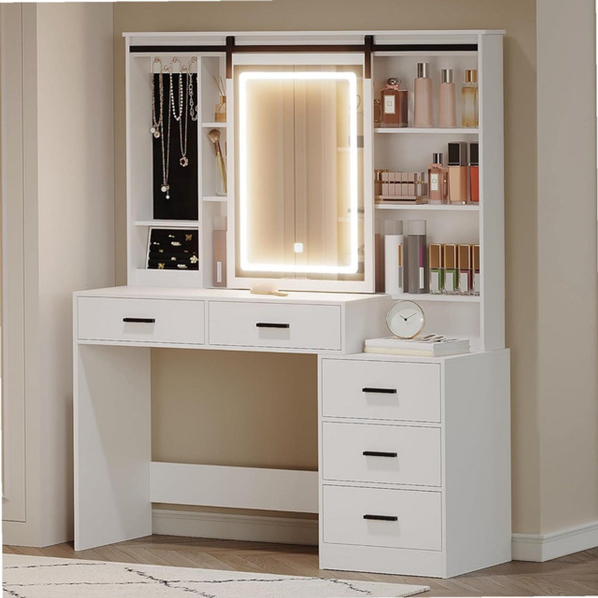 Sierra Kaptafel met Verstelbare Ledverlichting, Grote Afneembare Spiegel en 5 Lades, Wit