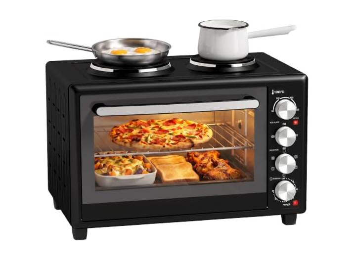 HOMCOM Mini Backofen mit Umluft 2 Kochplatten und Drehspieß, 36L, 90-230℃ Minibackofen, Mini Ofen, 2850 W, mit 60-Min.-Timer, Backblech, Grillrost, Innenbeleuchtung, Doppelwandige Tür
