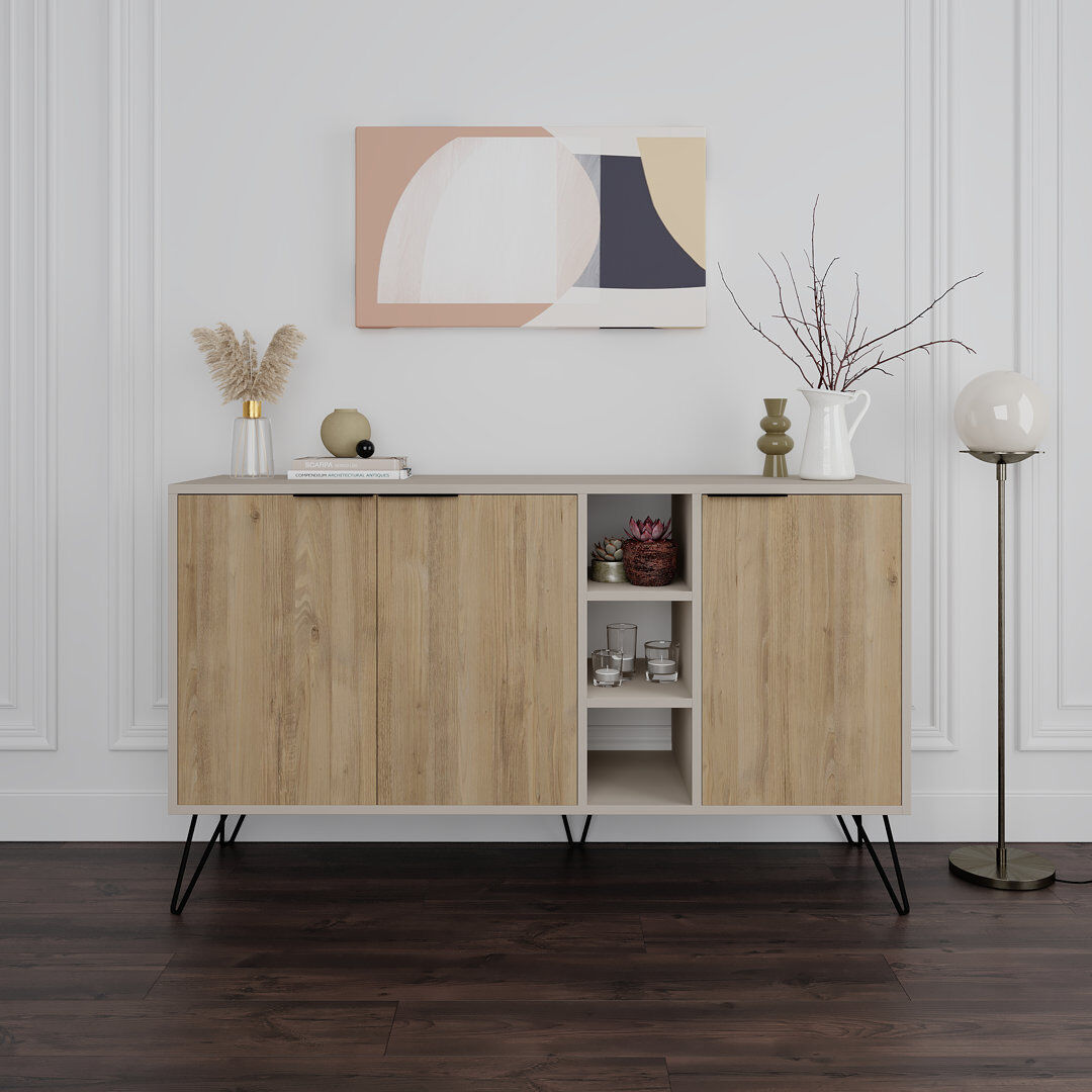 Hykkon Jaycee 142 Cm Wide Sideboard   Stylish Storage Cabinet with Metal Hairpin Legs Oak/Cream 83cm H X 142cm W X 35.6cm D