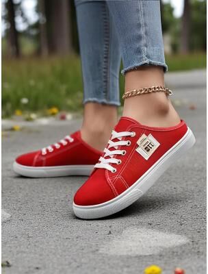 LightInthebox Women's Green Canvas Slip-On Sneakers with Lace-Up Design – Comfortable Backless Trainers, Ideal for Walking, Shopping, School Runs Casual Summer Days