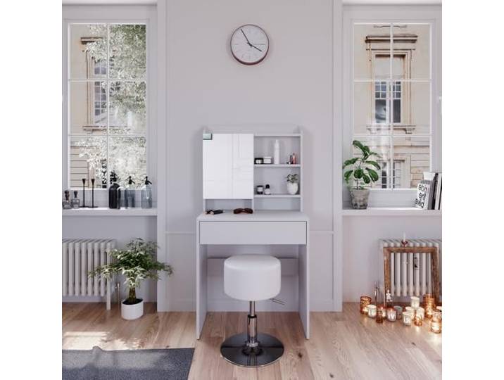 Vicco Schminktisch Laura, Weiß 70 cm Spiegel · Hocker · 1 Schublade · Freistehend · Offene Ablagefächer