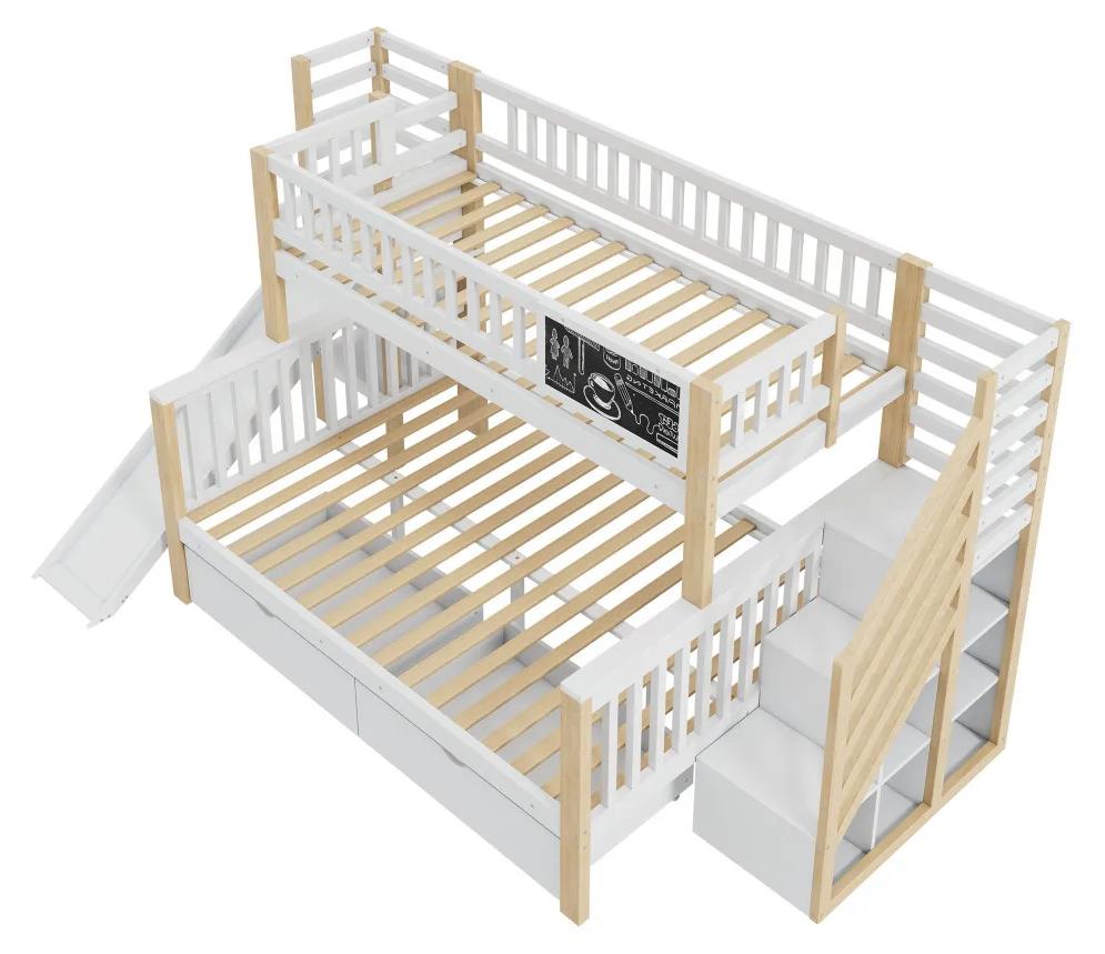 Kinderbett - Etagenbett - Massivholz - Mit Treppe - Stauraum - Rutsche - 140 x 200 cm - Weiß und Natur