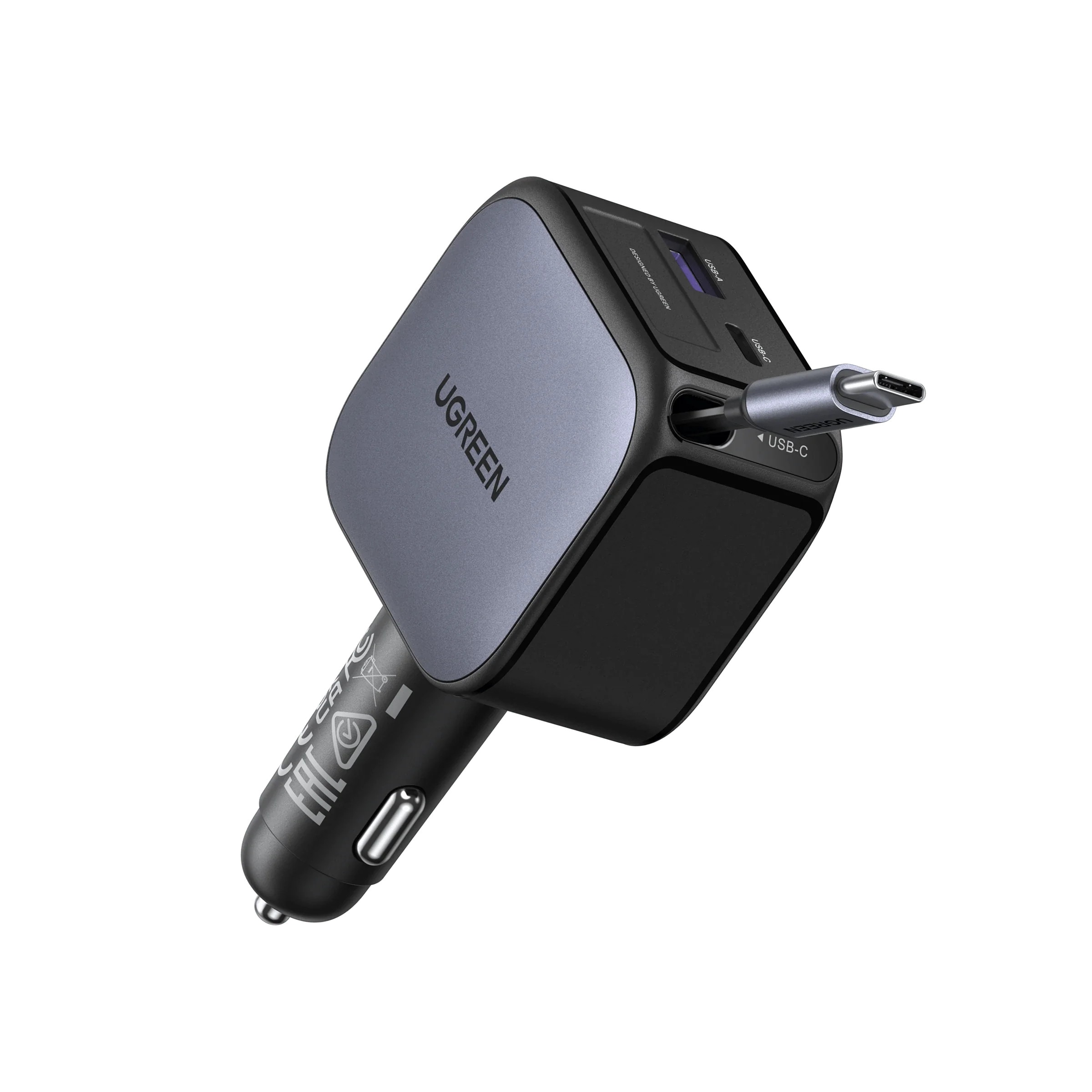 UGREEN Nexode 60W Auto-Schnellladegerät mit ausziehbarem USB-C-Kabel | USB-C | USB-A | 12V/24V