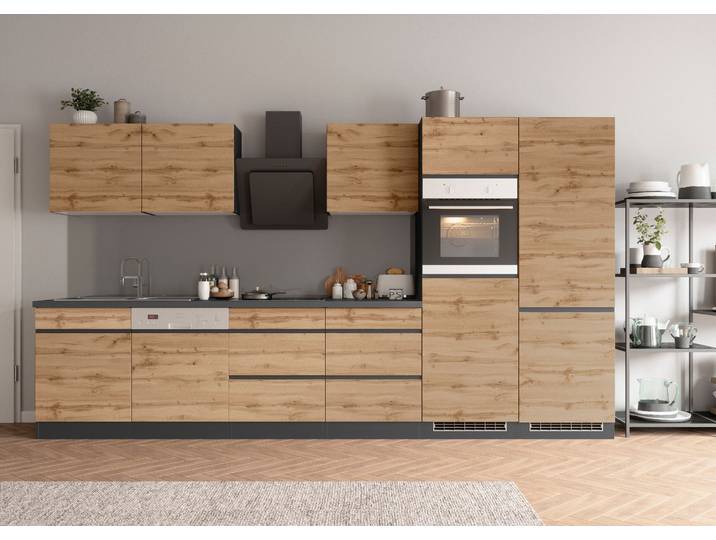 Küchenzeile KOCHSTATION KS-Riesa , braun (küche: natur, front: wotaneiche, korpus: grafitgrau, arbeitsplatte: betongrau), B:360cm H:200cm T:60cm, Komplettküchen-Sets, Küchenzeile, Stellbreite 360 cm, ohne E-Geräte